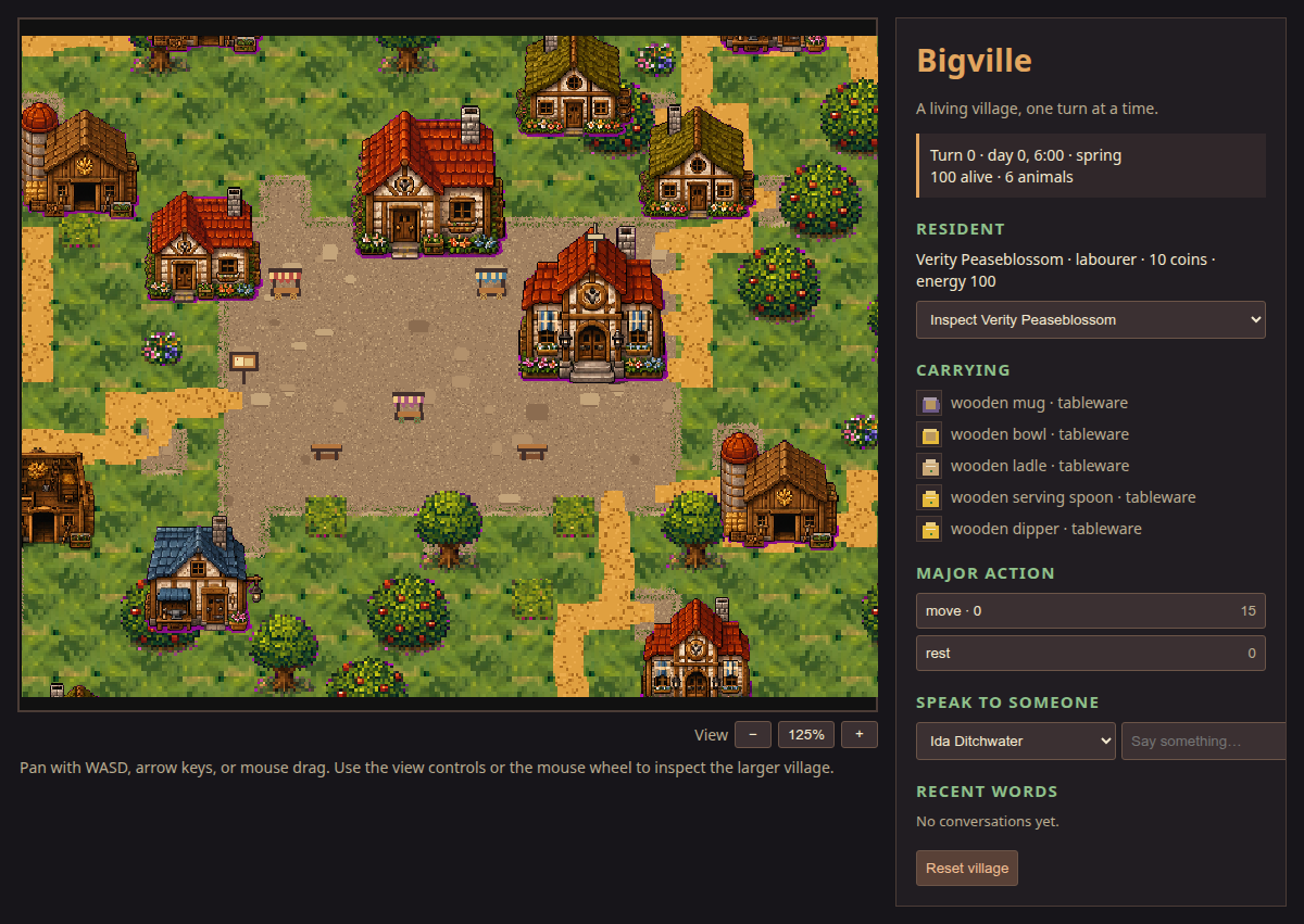 Bigville browser client: a cosy pixel-art village of houses, farms, orchards and paths, with a side panel showing the current turn, a resident's inventory, and the available actions.
